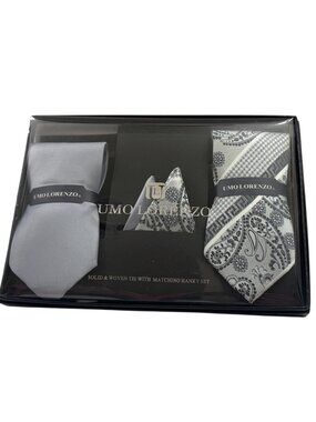Mens Gift Set -Two Ties (Paisley & Solid) & Pocket Squares/Hankies - NWT In Box